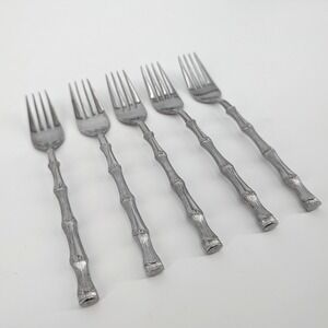 Oxford Hall Stainless Japan Bamboo Handle Dinner Forks Set of 5 7.75"